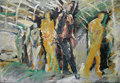 Chicago 1, Menschen warten an der Gepäckausgabe, gemalt mit Ölfarben
